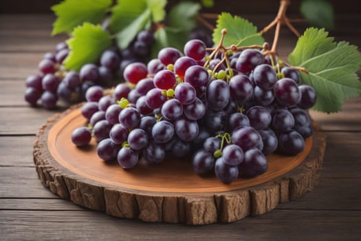 Bunch of fresh grapes on wooden table. Vintage style toned picture. ai generative