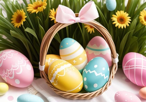 Easter bunny with colorful eggs in nest. ai generative