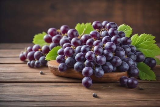 Bunch of fresh grapes on wooden table. Vintage style toned picture. ai generative