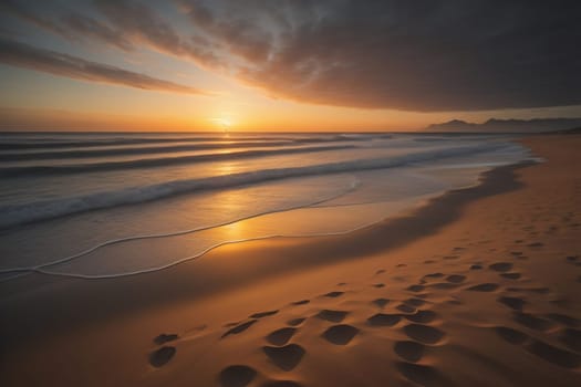 Beautiful sunset on the beach with reflection in the water. Long exposure. ai generative