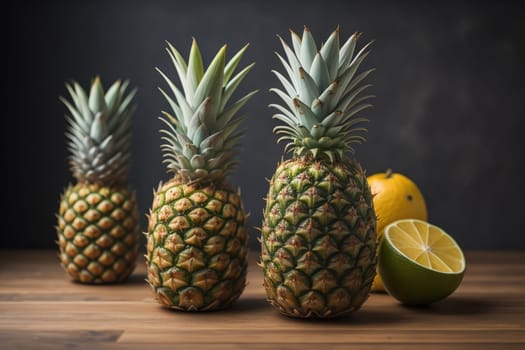 Pineapples on a wooden background. ai generative