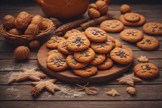 Cookies on a wooden table. Top view. ai generative