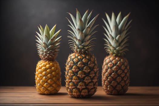 Pineapples on a wooden background. ai generative