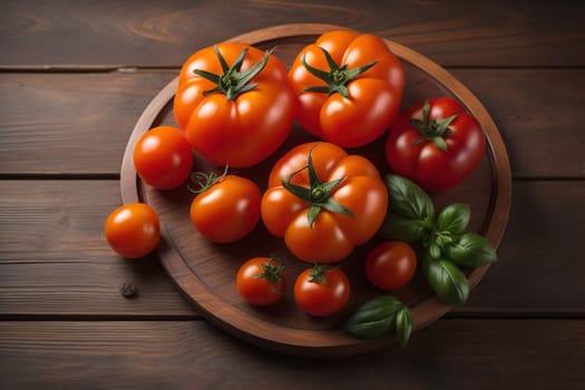 Tomatoes on a wooden table on a dark background. ai generative