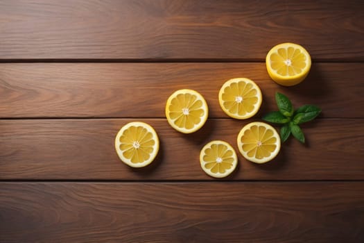 Lemon and slice of lemon on wooden background. Top view. ai generative