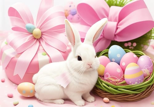 Easter bunny with colorful eggs in nest. ai generative
