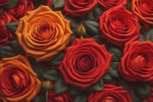 Red roses background. Top view of beautiful red roses with green leaves. ai generative