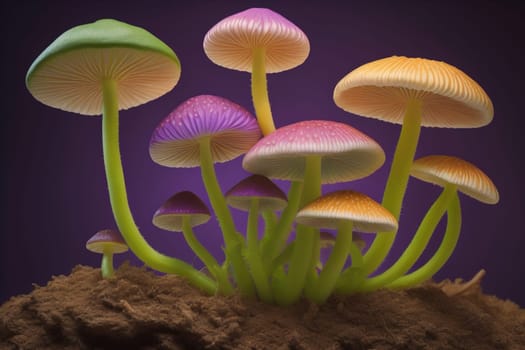 Mushrooms on a solid color background with green moss and water drops. generative ai