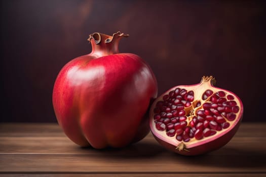 Ripe pomegranate fruit on a wooden background. Still life. ai generative