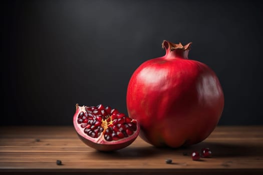 Ripe pomegranate fruit on a wooden background. Still life. ai generative