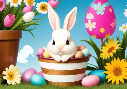 Easter bunny with colorful eggs in nest. ai generative