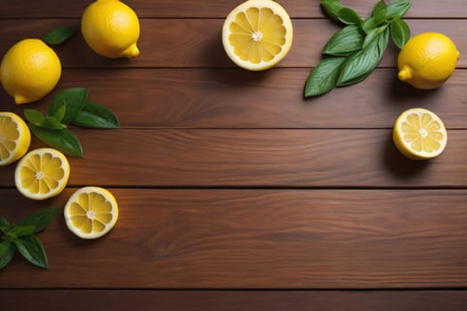 Lemon and slice of lemon on wooden background. Top view. ai generative