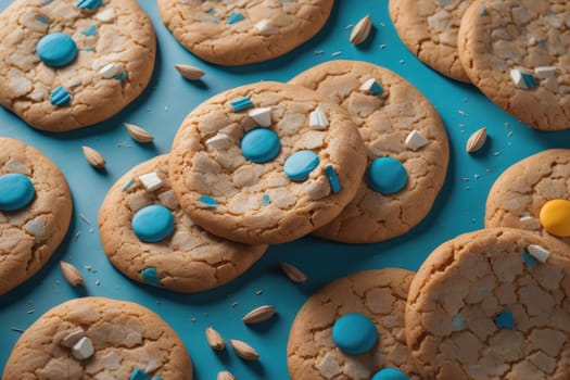 Chocolate chip cookies on orange background. Close up. Selective focus. ai generative
