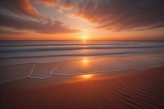 Beautiful sunset on the beach with reflection in the water. Long exposure. ai generative