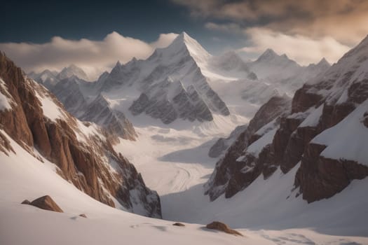 Mountains and snow-capped peaks of the Caucasus Mountains. ai generative