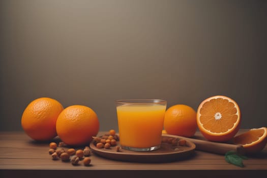 Glass of orange juice and fresh orange fruits. ai generative