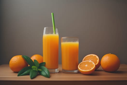 Glass of orange juice and fresh orange fruits. ai generative