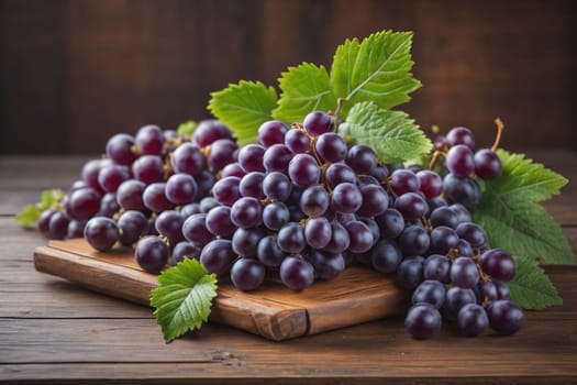 Bunch of fresh grapes on wooden table. Vintage style toned picture. ai generative