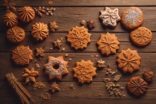 Cookies on a wooden table. Top view. ai generative