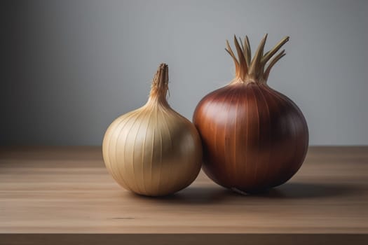 Three onions on a wooden table in front of a solid color background. ai generative