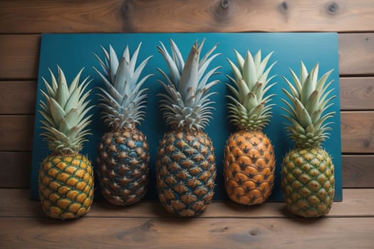 Pineapples on a wooden background. ai generative