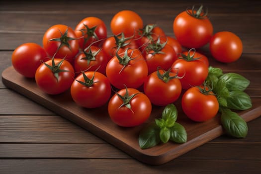 Tomatoes on a wooden table on a dark background. ai generative