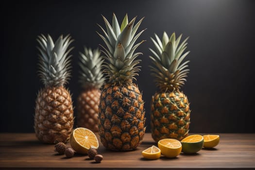 Pineapples on a wooden background. ai generative