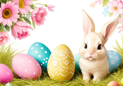 Easter bunny with colorful eggs in nest. ai generative