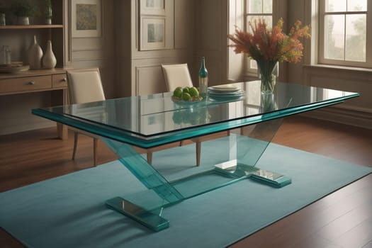 a glass table in a room. ai generative