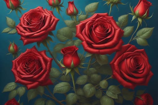 Red roses background. Top view of beautiful red roses with green leaves. ai generative