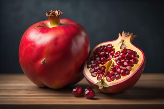Ripe pomegranate fruit on a wooden background. Still life. ai generative