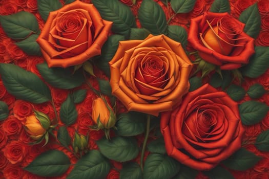 Red roses background. Top view of beautiful red roses with green leaves. ai generative