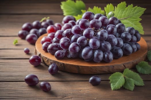 Bunch of fresh grapes on wooden table. Vintage style toned picture. ai generative