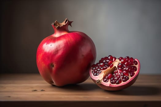 Ripe pomegranate fruit on a wooden background. Still life. ai generative