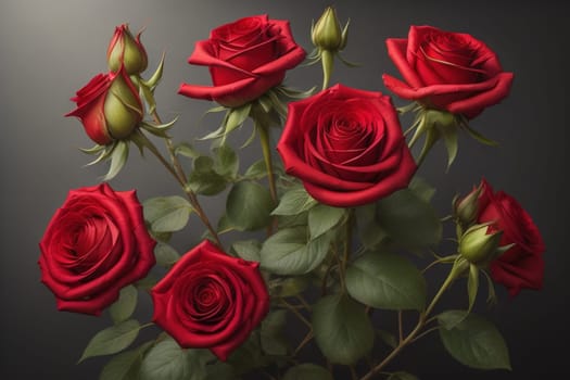 Red roses background. Top view of beautiful red roses with green leaves. ai generative