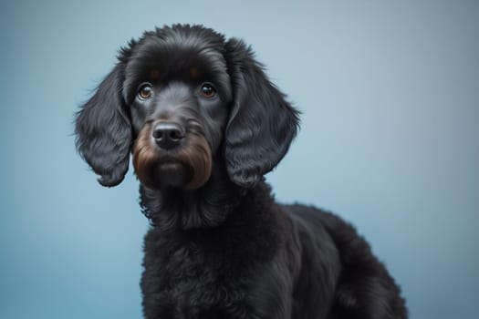 Portrait of a beautiful black dachshund puppy on a solid color background. ai generative