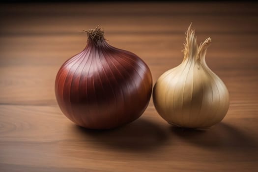 Three onions on a wooden table in front of a solid color background. ai generative