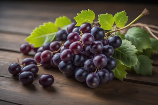 Bunch of fresh grapes on wooden table. Vintage style toned picture. ai generative