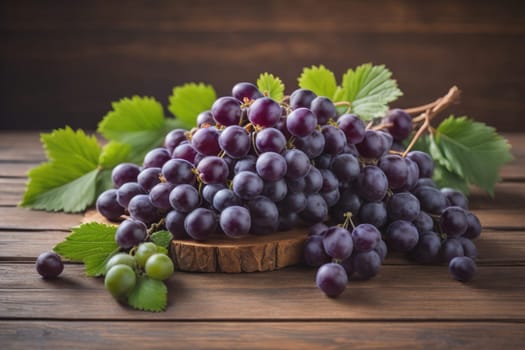 Bunch of fresh grapes on wooden table. Vintage style toned picture. ai generative