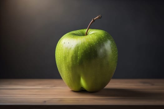 Green apple on a wooden table with dark background, shallow depth of field. The concept of healthy eating. ai generative