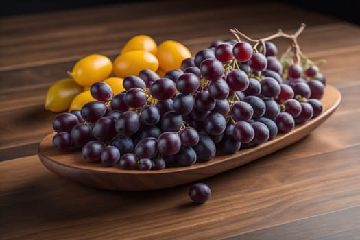 Bunch of fresh grapes on wooden table. Vintage style toned picture. ai generative