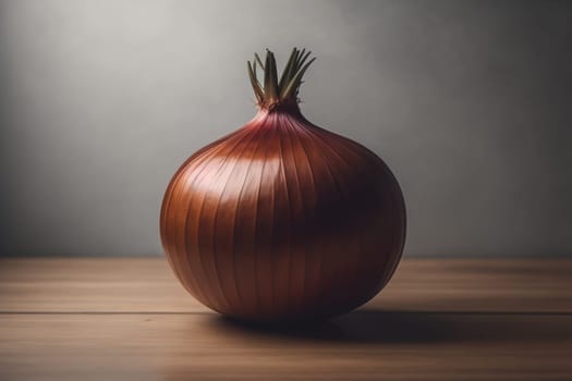 Three onions on a wooden table in front of a solid color background. ai generative