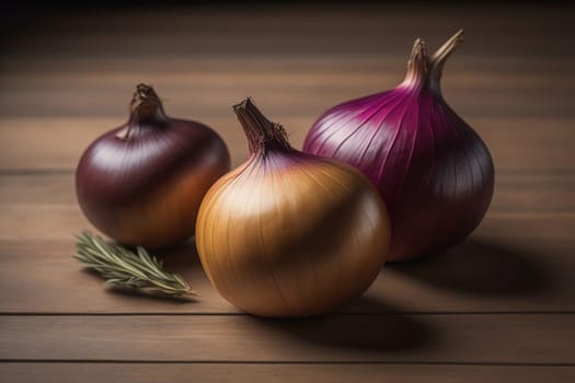Three onions on a wooden table in front of a solid color background. ai generative
