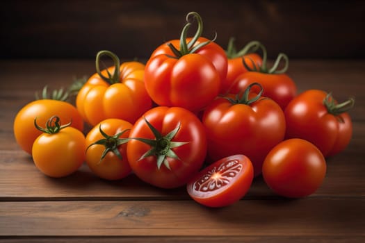 Tomatoes on a wooden table on a dark background. ai generative