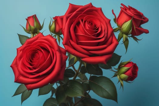 Red roses background. Top view of beautiful red roses with green leaves. ai generative