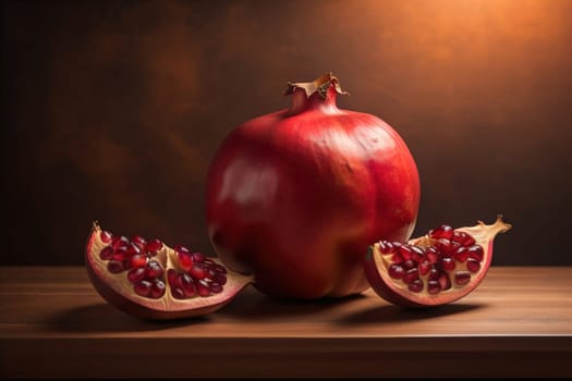 Ripe pomegranate fruit on a wooden background. Still life. ai generative