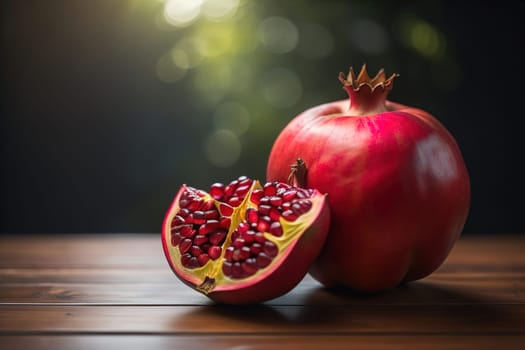 Ripe pomegranate fruit on a wooden background. Still life. ai generative