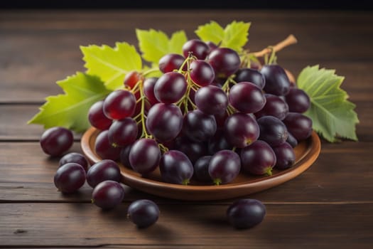 Bunch of fresh grapes on wooden table. Vintage style toned picture. ai generative