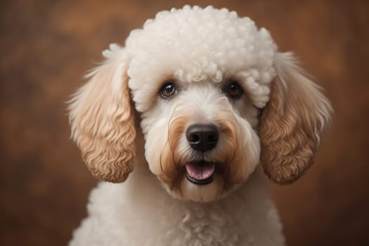Close-up portrait of a poodle dog on a solid color background. ai generative