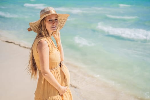 Radiant and expecting, a pregnant woman stands on a pristine snow-white tropical beach, celebrating the miracle of life against a backdrop of natural beauty.